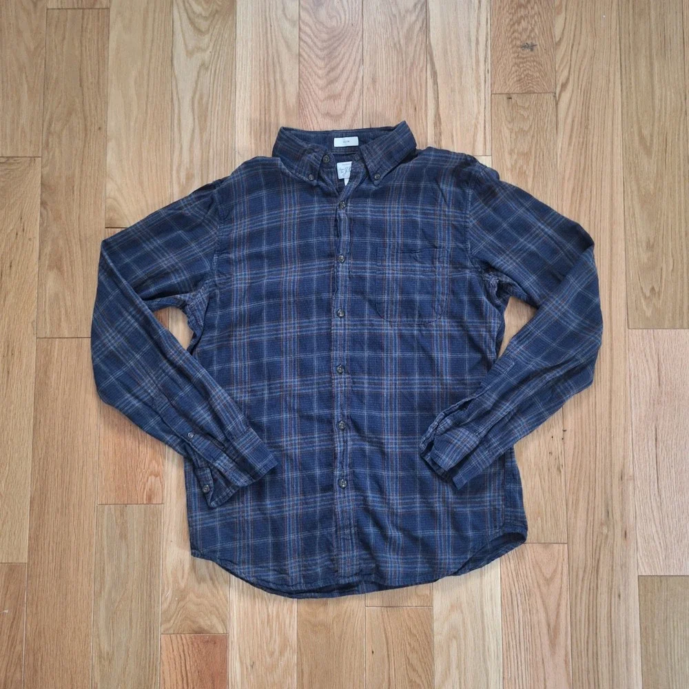 J. Crew Slim Brushed Twill Plaid Button Down Shirt Navy Blue Brown Medium